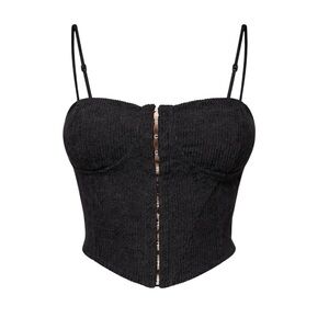 90s Black Corduroy Corset Top Hook Eye Closure Y2K Indie Sleaze Dark Coquette M